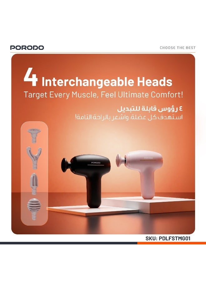 porodo Cordless Mini Massage Gun with 4 Interchangeable Heads & Adjustable Massage Intensity / 5 Speed Deep tissue Massage /Travel-friendly Massager for Home therap & Muscle recovery  - Black - Image 2